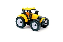Colorful Little Mini Yellow Plastic Tractor, Truck, Lorry, Car Toy Isolated On White Background Mockup With Copy Space, Toys For Children, Kids Development, Playing, Childhood Fun.