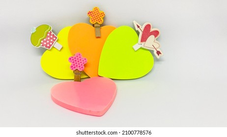 Colorful Little Pins Attached, Colorful Heart-shaped Post Its, Isolated White Background