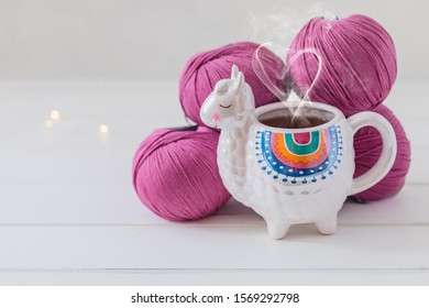 Colorful Llama shaped tea or coffee mug with wool yarn, toned