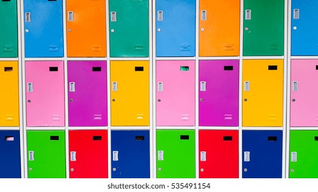Colorful lockers in elementary school.
