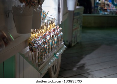 Colorful Lollipops Outside A Candy Store