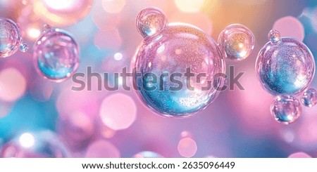 Colorful and luminous soap bubbles float in the air with a dreamy pastel bokeh background.