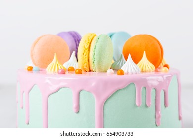 Colorful Macaron Birthday Cake And Sweet Candy Topping