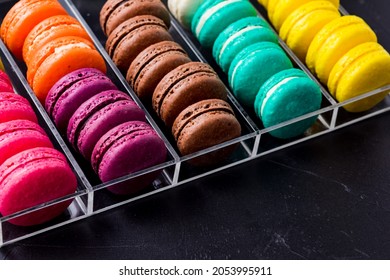 Colorful Macarons Cookies In The Acrylic Box