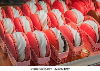 Colorful Macarons Cookies In Box Packages For Sale At A Bakery In The Old Town Or Vieille Ville In Nice On The French Riviera, Southern France