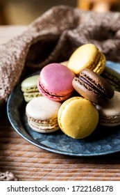 Colorful Macaroon Cookies In A Metal Dish