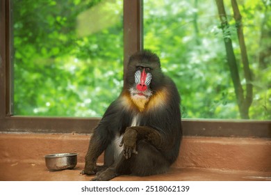 colorful male African mandrill sits near a window with an empty plate. Endangered animal species, environmental issues, animal protection, animal hunger. - Powered by Shutterstock