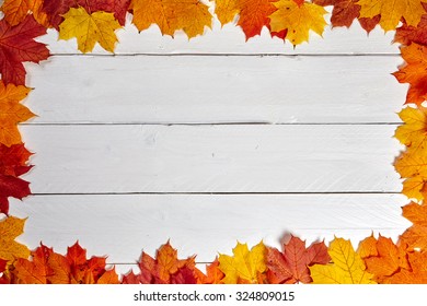 Colorful maple leaves on a table in autumn