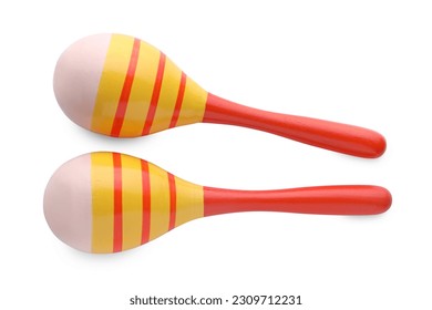 Colorful maracas on white background, top view. Musical instrument
