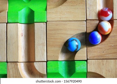 Colorful Marble Run On Wooden Track, Wooden Toy