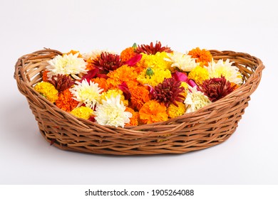 Colorful Marigold Flower In Wooden Basket On White Background