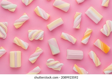 Colorful marshmallows background. Top view. Flat lay.