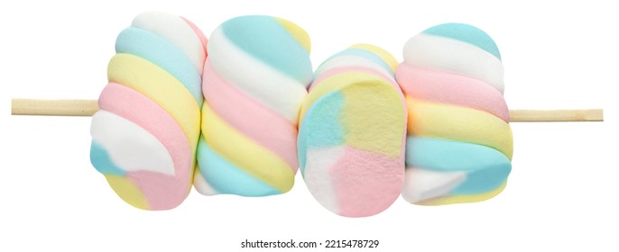 Colorful Marshmallows isolated on white background. Heap of marshmellows with a stick  closeup
