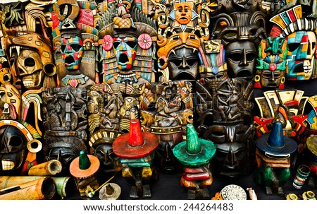 colorful masks in  Mexican market Chichen Itza 