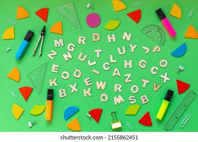 Colorful Math Fractions, Rulers, Letters On A Green Background. Interesting, Fun Math For Kids. Education, Back To School Concept