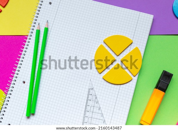 Colorful math fractions, rulers, open\
notepad on a green violet yellow magenta background. Interesting,\
fun math for kids. Education, back to school\
concept
