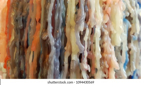 Colorful Melted Candles. Pastel Shades Abstract Texture. Extraordinary Backdrop With Melted Wax Candle Drops. Rustic Background. Vintage Texture.