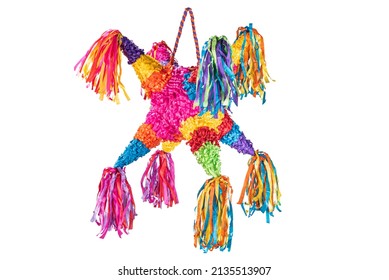 Colorful Mexican pinata used in birthdays and posadas isolated on white - Shutterstock ID 2135513907