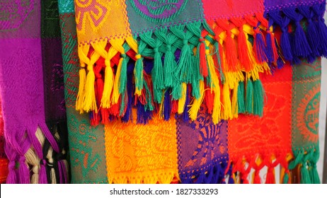 Colorful Mexican Wool Serape Blankets Texture. Woven Ornamental Vivid Textile With Authentic Latin American Pattern. Striped Multi Colored Fabric For Poncho And Sombrero. Hispanic Indigenous Style.