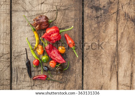 a colorful mix of the hottest chili peppers. Thai chili, habanero, serrano, jalapeno, bhut jolokia, trinidad scorpion, carolina reaper, jamaican yellow, black chili