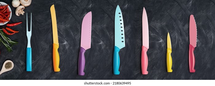 Colorful and mix set of Ceramic Knifes on dark modern background  - Powered by Shutterstock