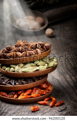 Colorful mix of spices on old wooden table
