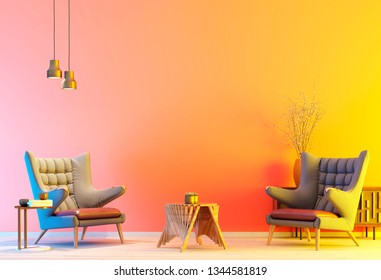 Colorful Modern Interior With Two Armchair In A Colorful Color Background Wall, Living Room In Modern Style With Low Table And Decor. Colorful Background. 3d Rendering