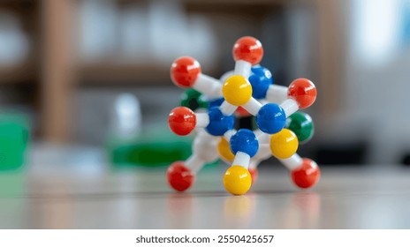 Colorful molecular structure displayed on desk, laboratory setting softly blurred. Chemistry class with a vibrant molecular model displayed on a clean desk. - Powered by Shutterstock