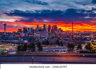 Colorful Morning Sunrise Over Downtown Denver Skyline in Colorado