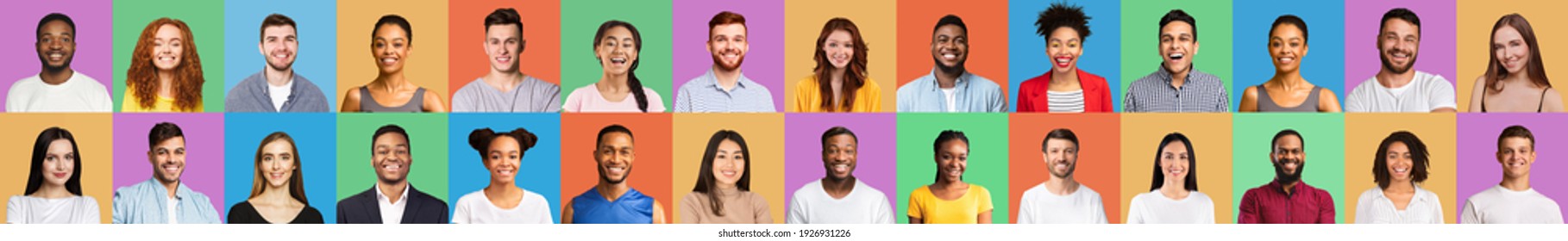 Colorful Mosaic Of Happy Faces And Portraits Of Young Millennial People Smiling Posing On Different Colored Backgrounds  Millennials Generation  Successful Multicutural People Group Portrait  Collage