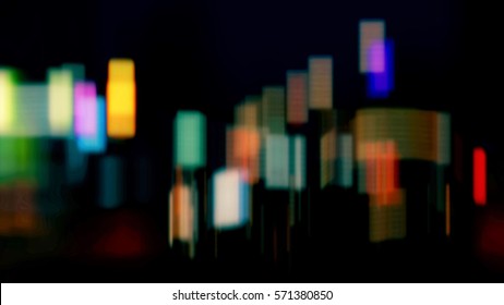 Colorful Mosaic On Dark Background. City Lights Abstraction Of Geometric Shapes. Abstract Blur Background With Bokeh. Multicolor Blurred Squares Bokeh. Color: Purple, Orange, Green, Blue