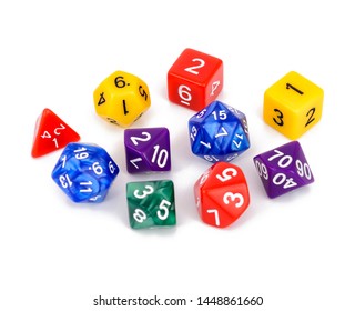 colorful multi sided role play game dice isolated white background