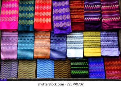 Colorful Myanmar Traditional Sarongs On Sale In Market