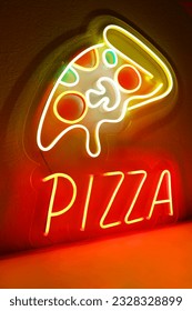 Colorful neon sign pizza. Trendy style. Food style.  Neon sign. Custom neon. 