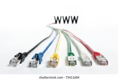 Colorful network cables connected to WWW, isolated on white background.