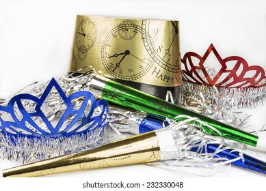 Colorful New Years Eve Party Supplies On A White Background.  Some Room For Copy Space In Top Corners.