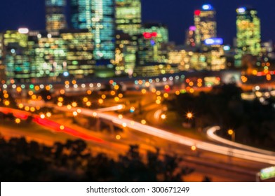 Colorful Night Of Abstract Bokeh And Blured Lighhts From Peak Of Perth City, Australia