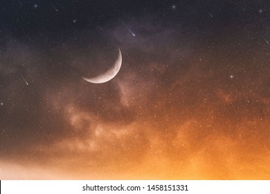 Colorful Night Sky A Half Moon And Stars