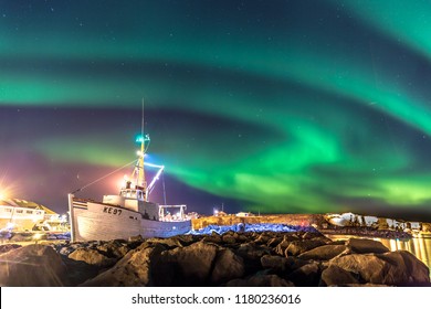 Colorful Northern Lights Aurora Borealis Boat Stock Photo 1180236016 