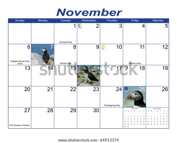 Colorful November 2011 Calendar Containing Wildlife Stock Photo Edit Now 64913374