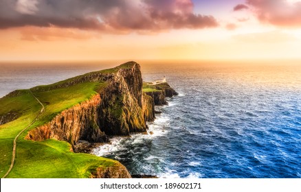 Colorful ocean coast panoramic sunset at Neist point lighthouse, Scotland, United Kingdom - Powered by Shutterstock