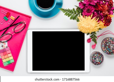 Colorful Office Desk With Ipad And Coffee Flat Lay