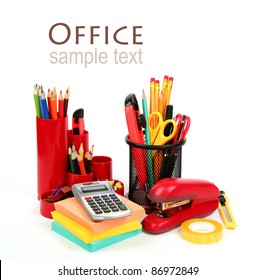 Colorful office supplies isolated on white background
