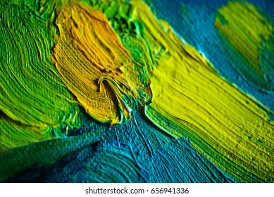 Colorful Oil Paints Strokes On Canvas. Beautiful Pallette For Prints, Scrapbooking, Design, Templates, Interior Decoration, Posters, Wallpapers. Yellow, Blue, Green Colors. Handmade.