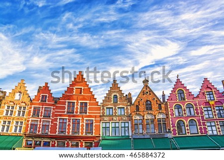 Colorful old brick house on the Grote Markt square in the medieval town of Bruges, Belgium