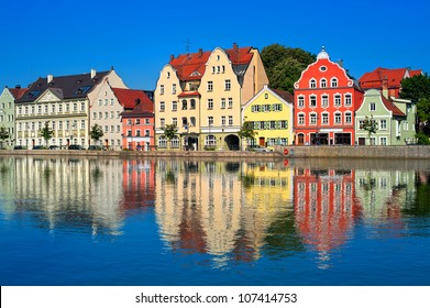 Colorful old gothic german town near Munich on a river Isar