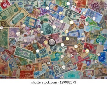 Colorful Old World Paper Money Background  Coins