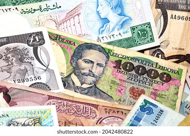 Colorful Old World Paper Money Background, Banknotes Of Different Countries Collection, International Banknotes For Global Currencies Concept For Money Exchange Business, Vintage Retro Ancient Money