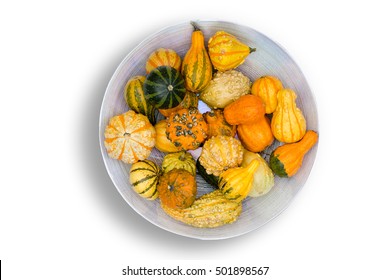 Colorful Orange And Green Ornamental Autumn Gourds Centerpiece For A Thanksgiving Table Viewed From Above On A White Background