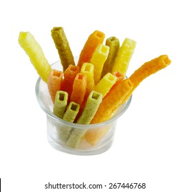 Colorful organic baked veggie straws isolated on white background